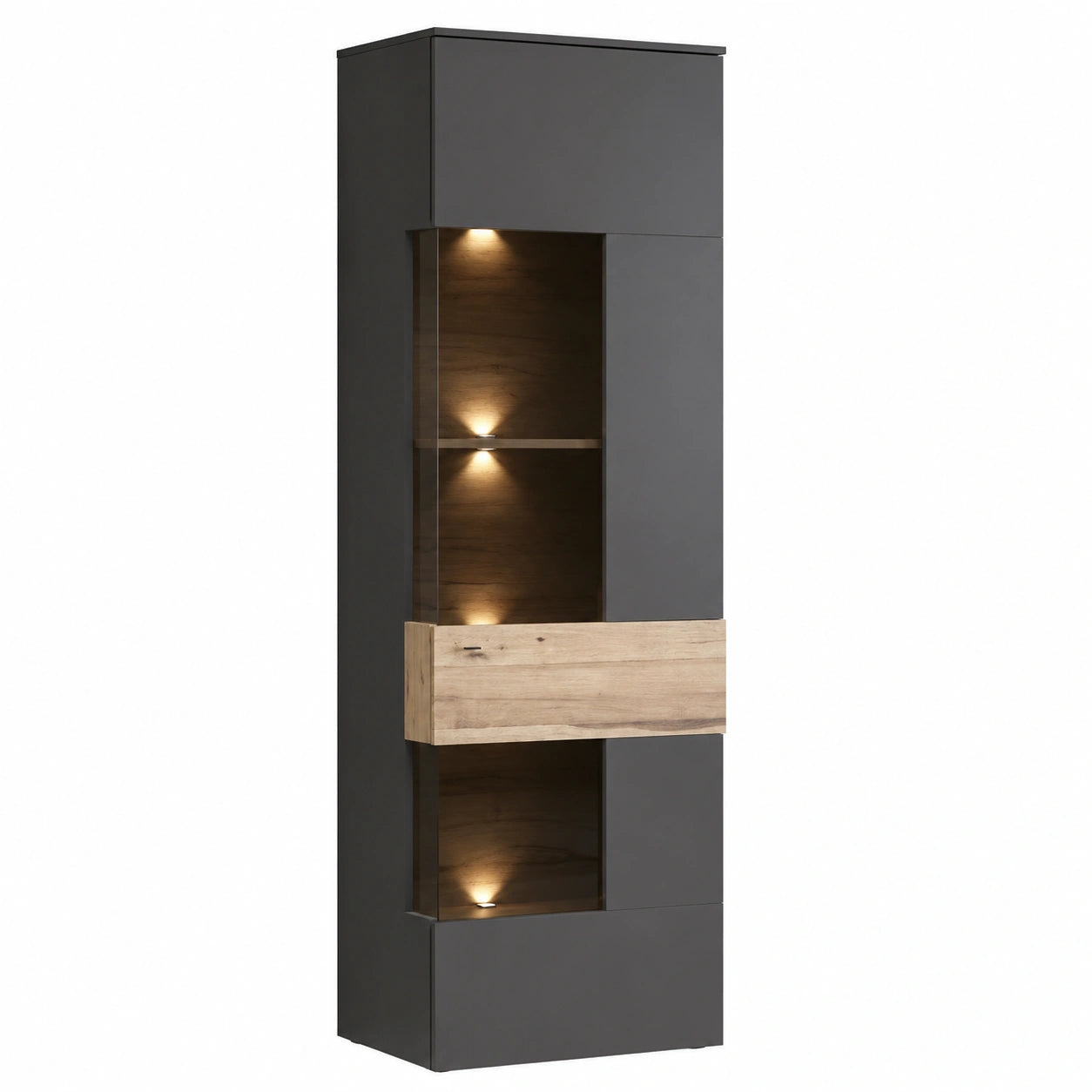 FORTE Como Vitrine mit Glastür, Wolframgrau und Eichenholzdesign, 60,4x203,3x41,3 cm