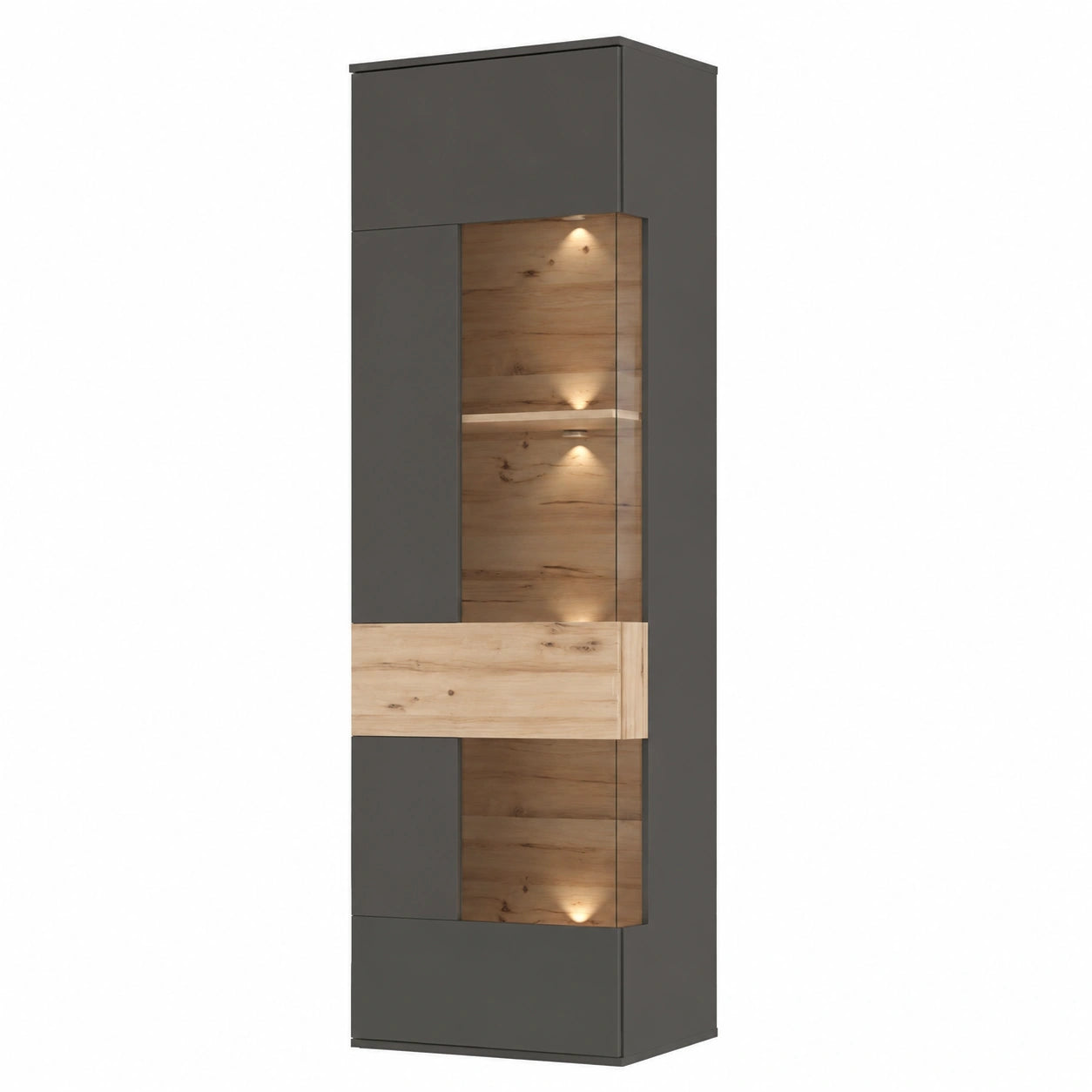 Eleganter Vitrinenschrank mit Glastür in Wolframgrau und Eichenoptik