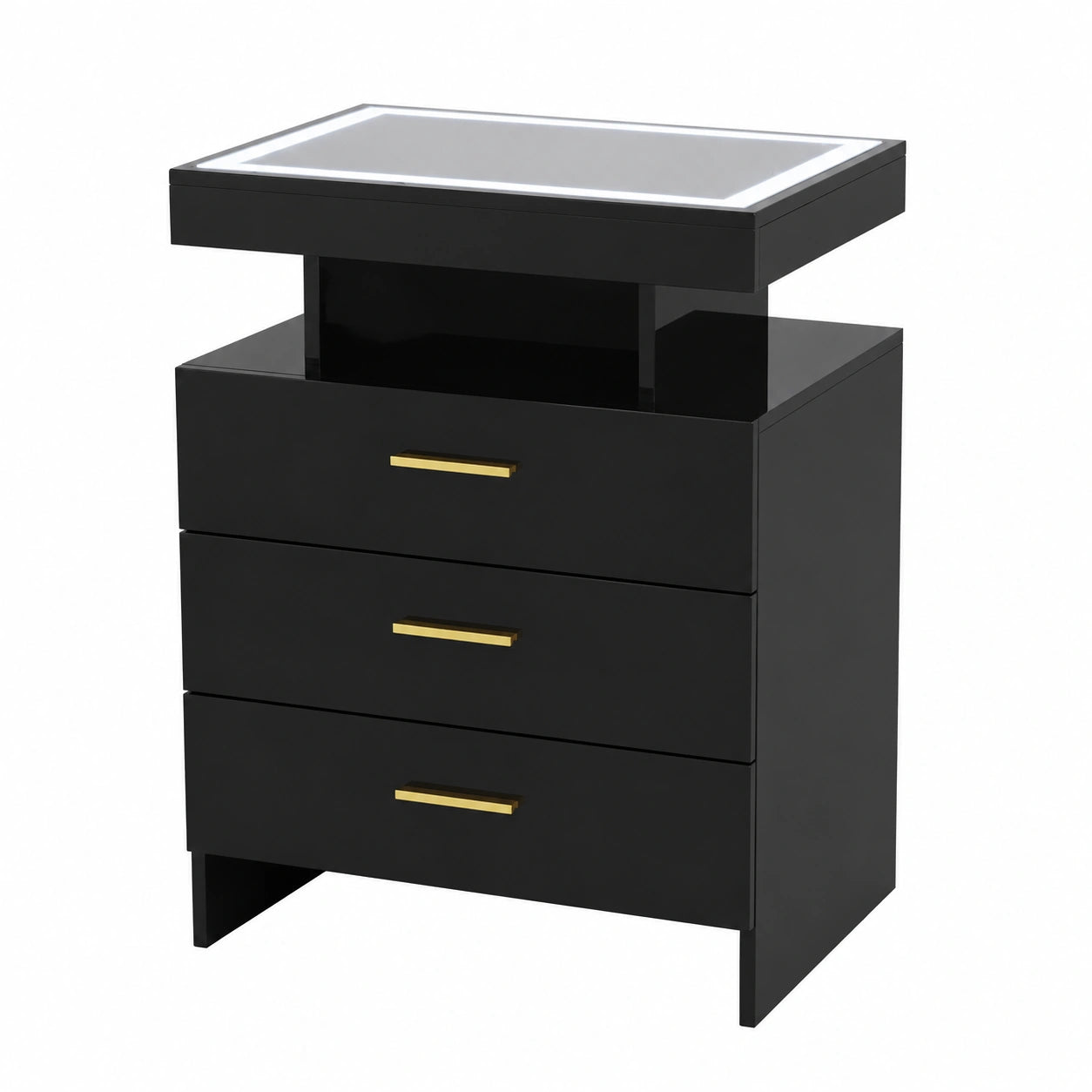 LED-Nachttisch mit Ladefunktion, dimmbarer Nachtschrank, 3 Schubladen, automatischer Sensor, USB-C, Hochglanz schwarz