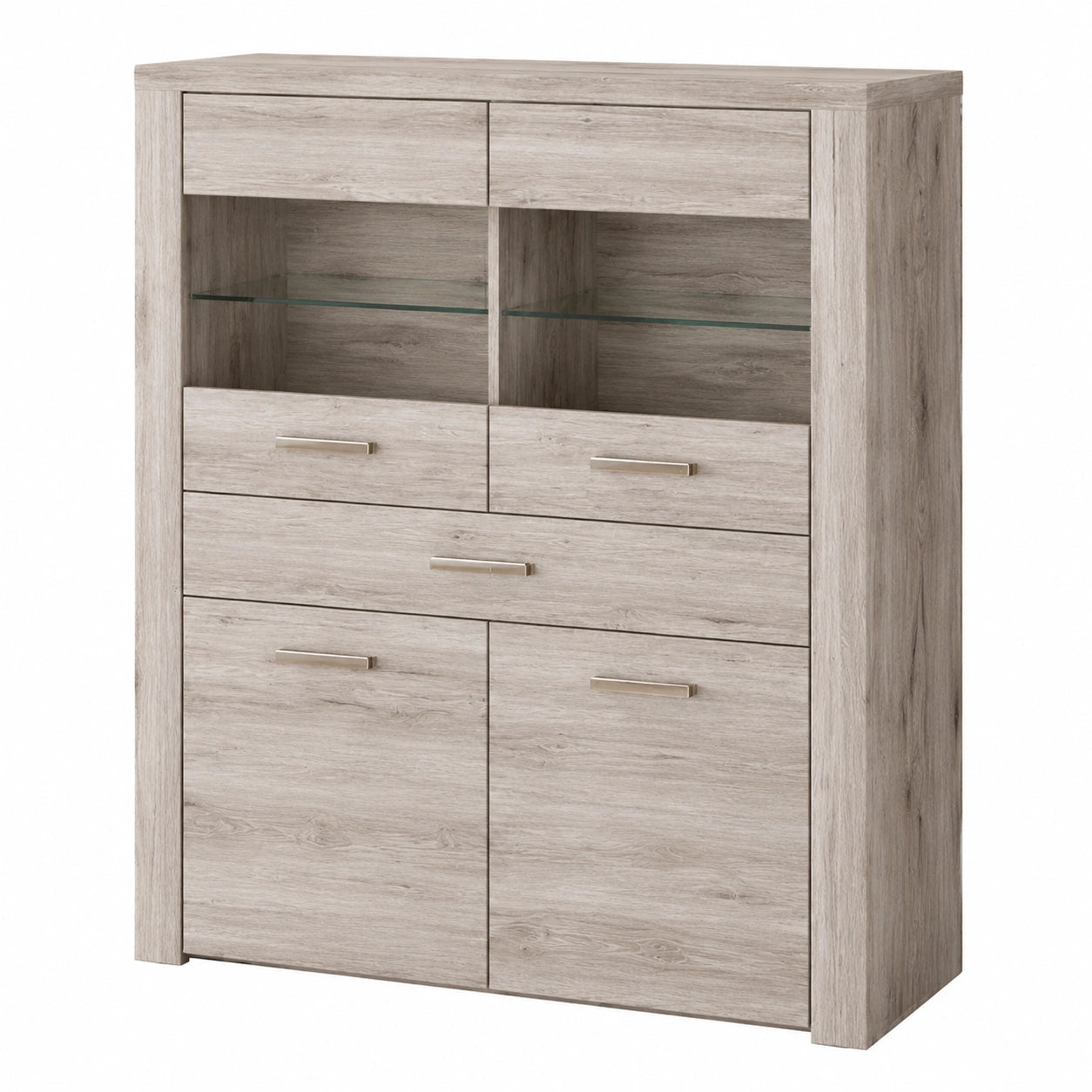 FORTE Portland Vitrine mit 2 Holztüren, 2 Glastüren und 1 Schublade, Eichenholz, 126,9 x 143,9 x 41,3 cm