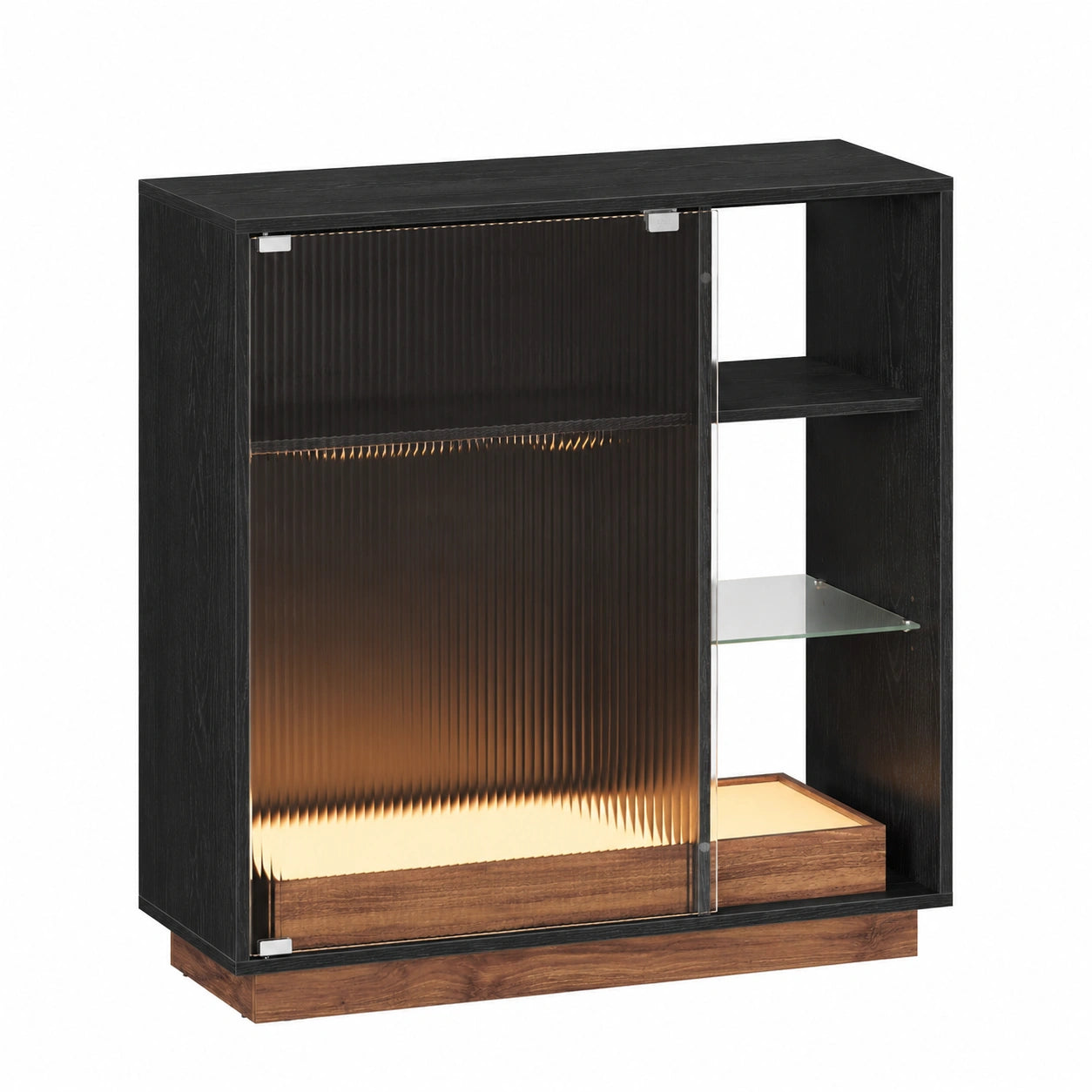 VASAGLE Weinregal mit LED-Beleuchtung, Barschrank mit Glashalter, geriffelte Glastür, Schwarz