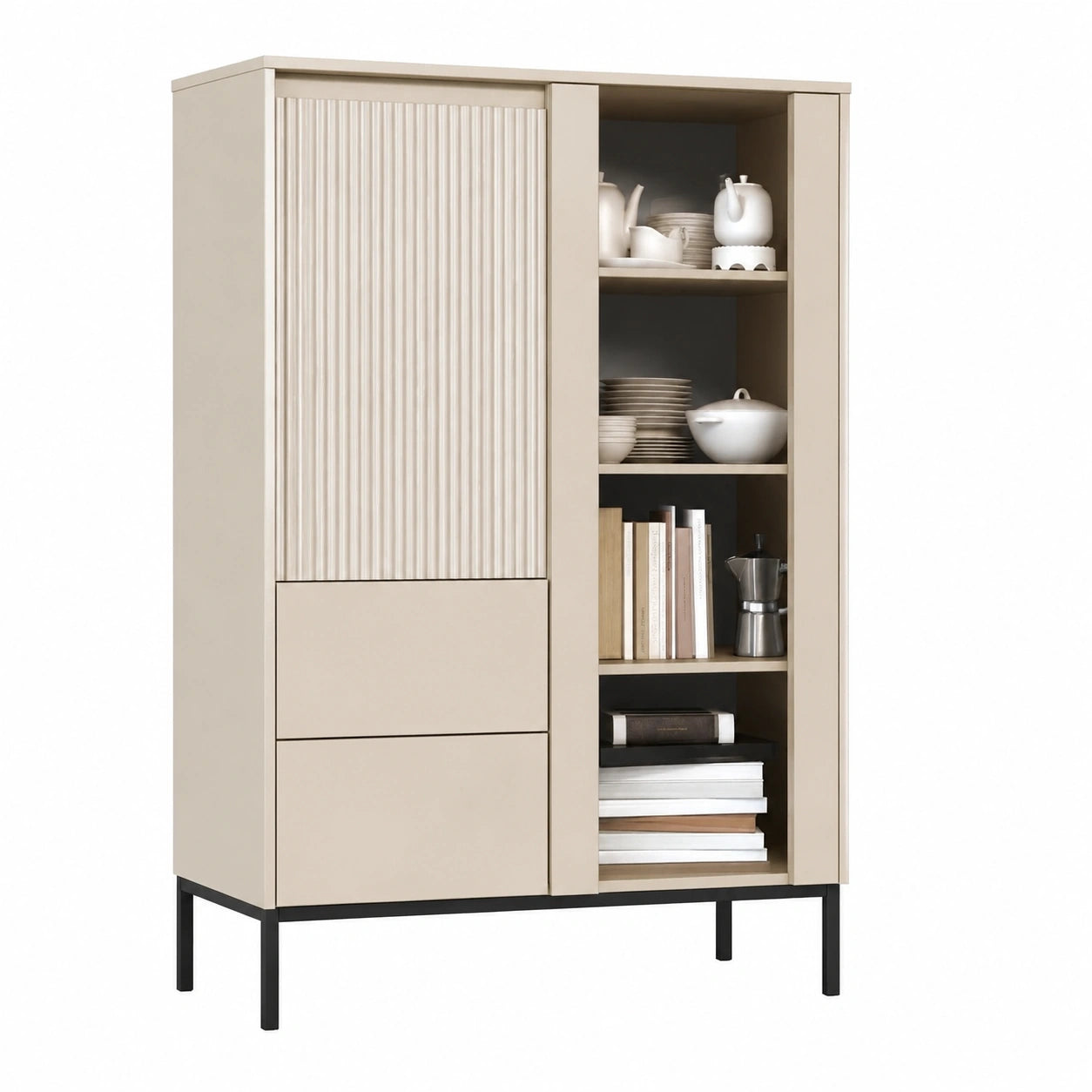 Moderne Standvitrine mit Türen und Schubladen, geriffelte Fronten, Metallfüße, Push-to-Open, Wohnzimmer-Design in Cashmere