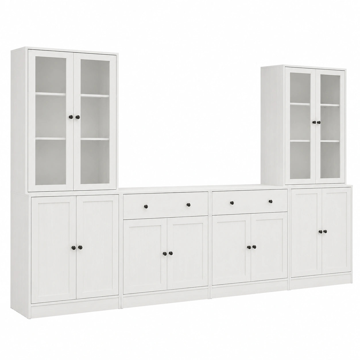VOWNER Moderner TV-Schrank 280 cm mit Regalen und Glastüren, passend für Fernseher bis 70 Zoll, in Weiß