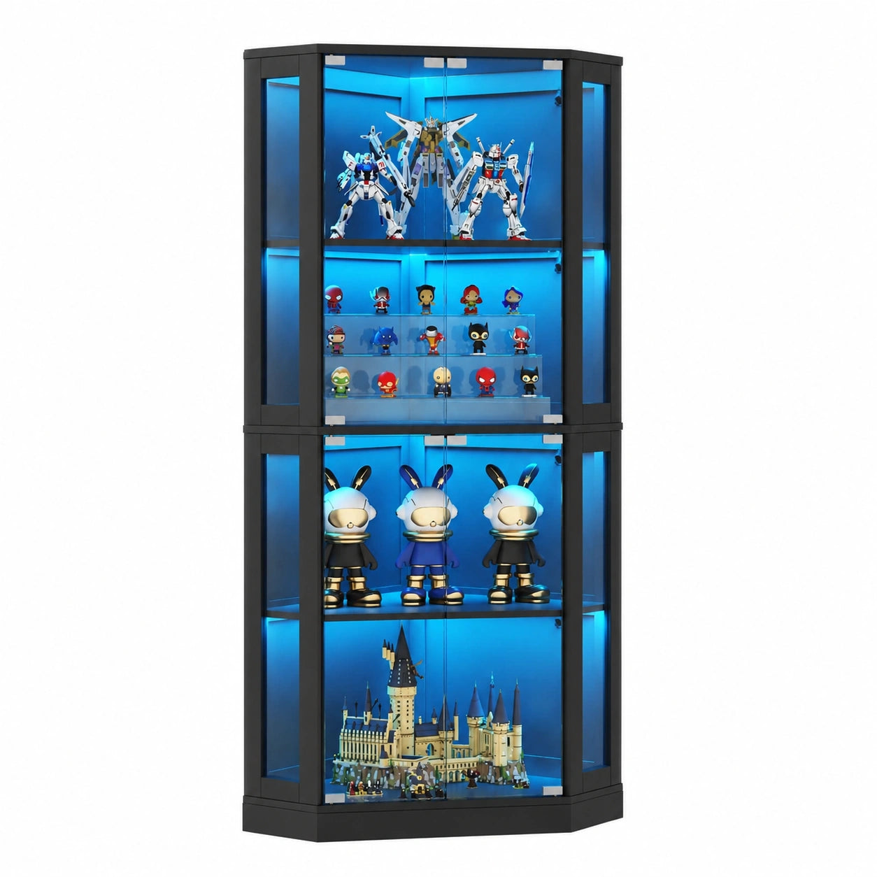 Eckvitrine mit Glastüren und LED-Beleuchtung, 165 cm, ideal für Sammlerstücke und Spirituosen