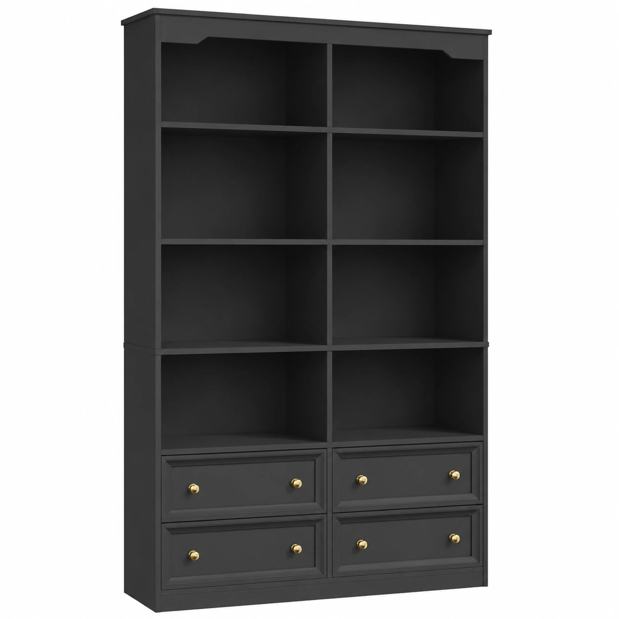 Skandinavisches Bücherregal mit Schubladen, 180 cm, Schwarz, Vitrinen- und Mehrzweckschrank für Wohnzimmer und Büro