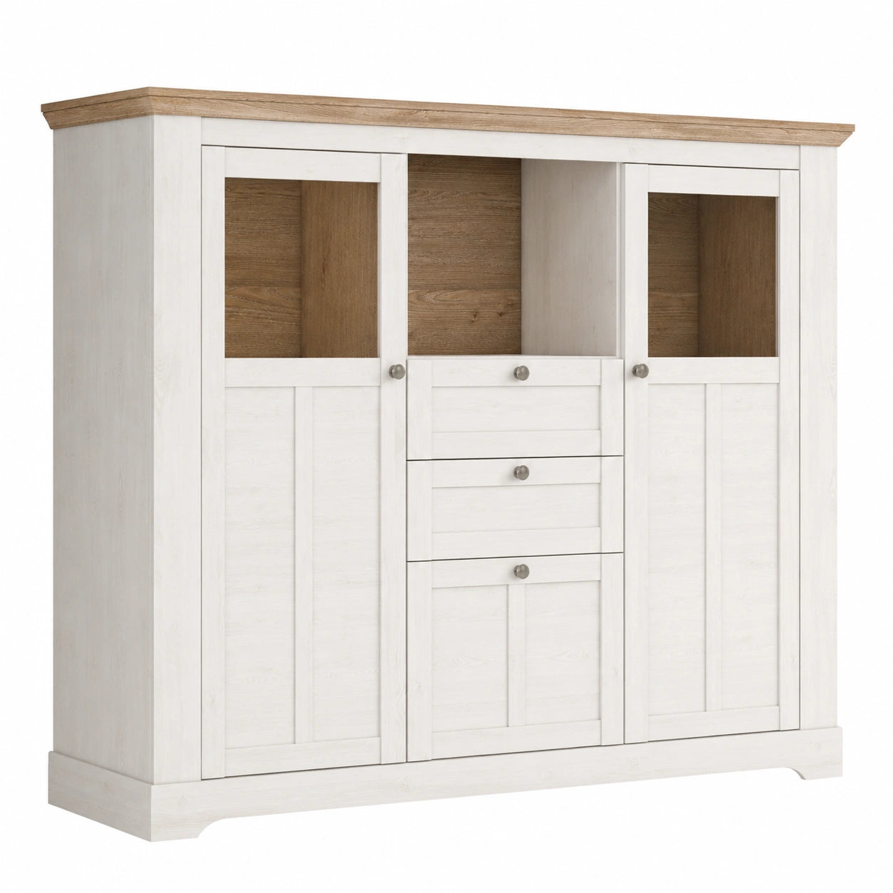 Forte ILOPPA Landhaus Vitrine mit 3 Türen und 2 Schubladen, Eichenoptik 165 x 136,1 x 44,3 cm