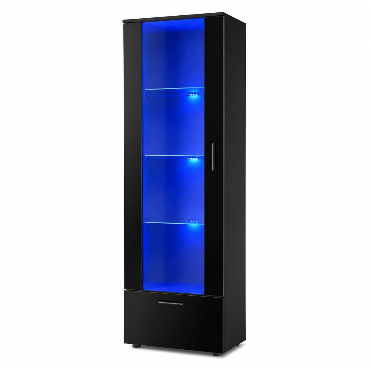 Moderne Vitrine mit LED-Beleuchtung, Schwarz, 60x192x42 cm, 3 Glasböden, Laminatregal, Für Wohn- und Schlafzimmer