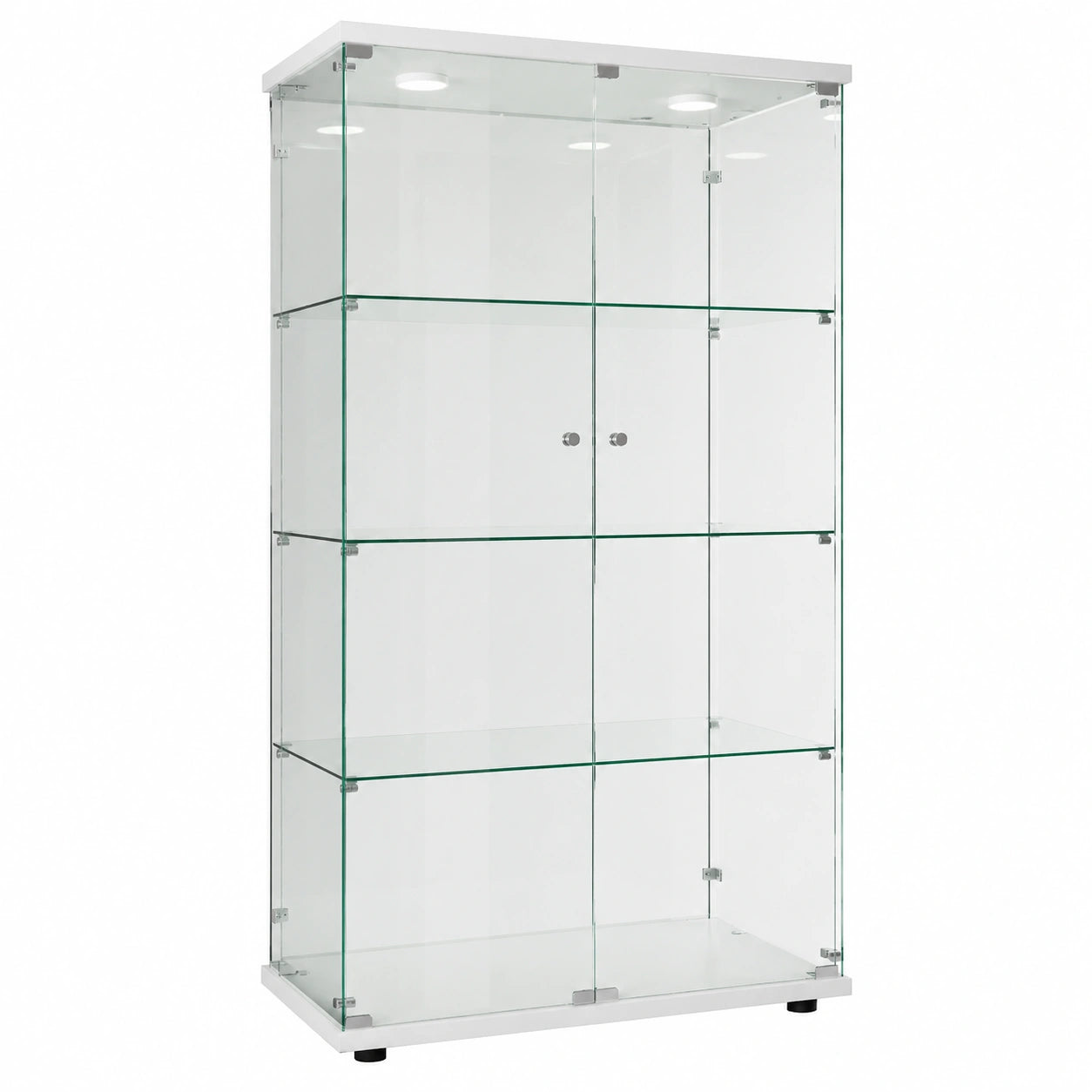 Standvitrine aus Glas mit LED-Beleuchtung, abschließbare Türen, 4 Regalböden, Spiegelrückwand, 164x80,5x36,5 cm, Weiß