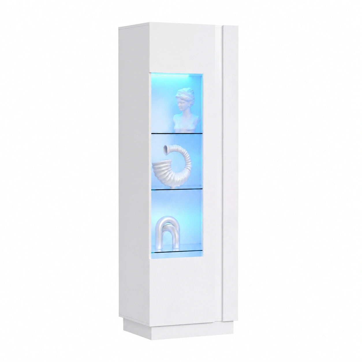 Moderne Vitrine mit LED-Beleuchtung, Hochglanz Weiß, Glastüren, Glasböden und Stauraum, ideal für Wohnzimmer und Büro