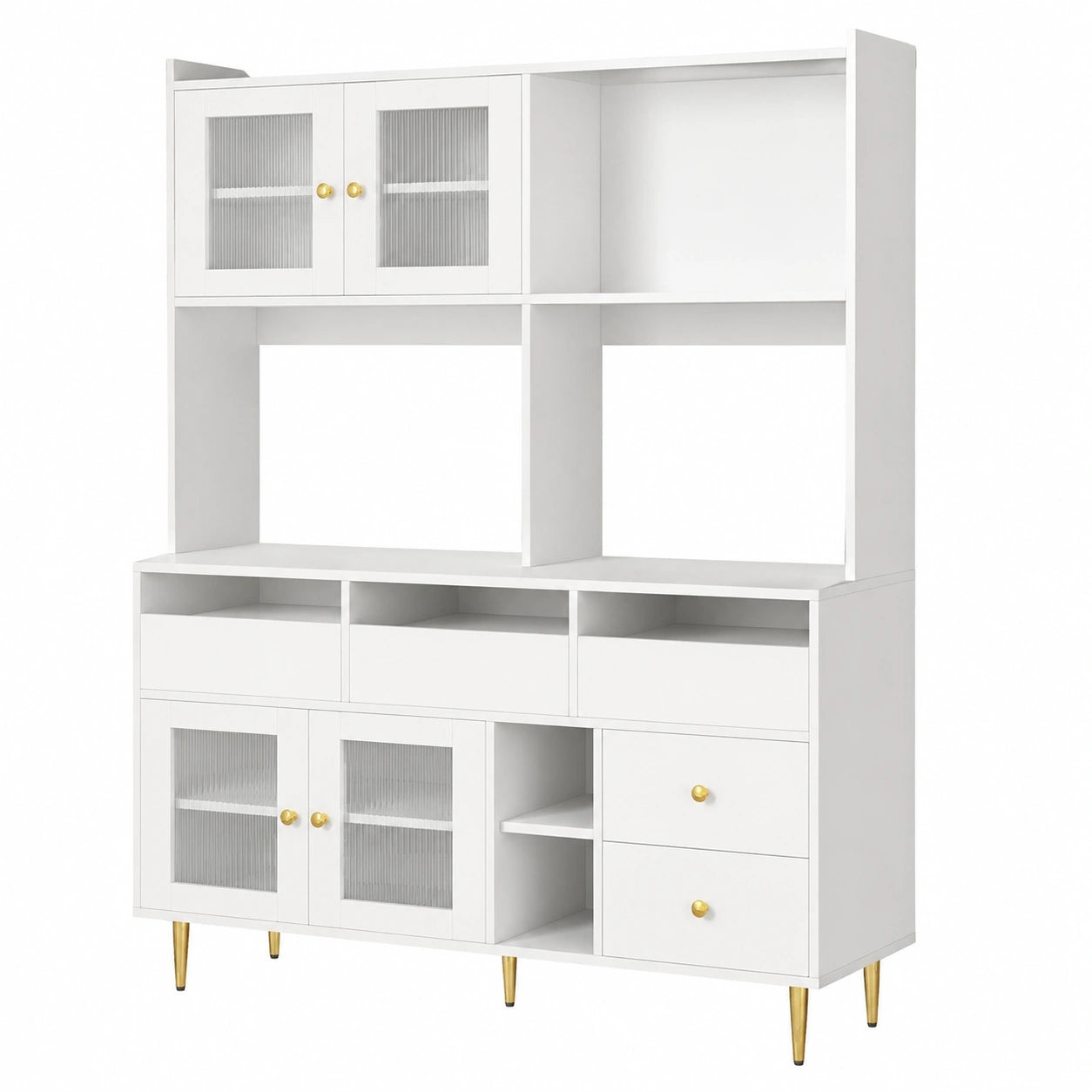 Hochschrank mit Glasfront und Schubladen, 145x39x171cm Weiß, Küchen- und Wohnzimmerkommode