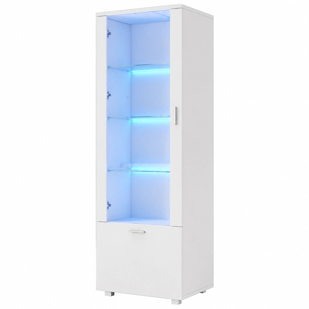 Eleganter Merax Vitrinenschrank mit LED-Beleuchtung, Hochglanz Glasvitrine für Sammlerstücke, moderner Schrank mit Glastüren und Schublade, 50x40x160cm, Weiß