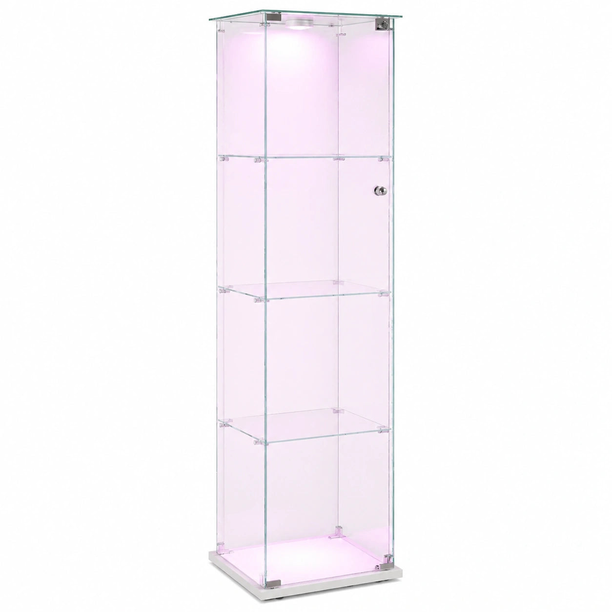 LED-beleuchteter Glasvitrinenschrank mit Schloss, staubdichte Präsentationsvitrine für Sammlerstücke, Glasschrank für Wohn- und Schlafzimmer, Büro (Weiß, 1 Tür, 4 Ebenen)
