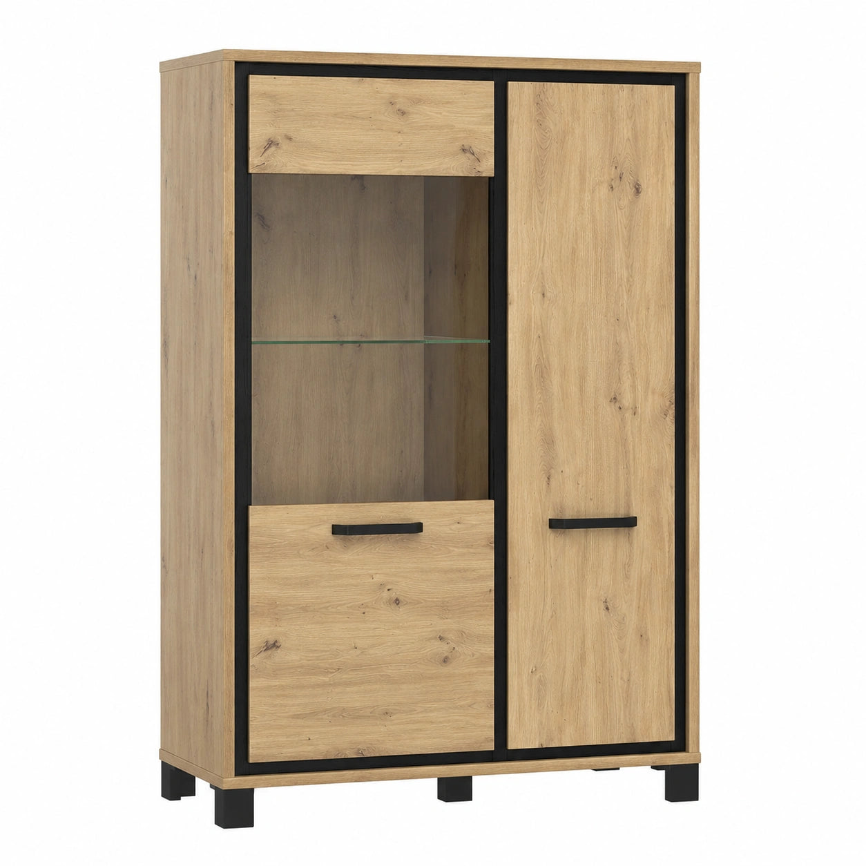 FORTE Trondheim Vitrine mit Holz- und Glastür, Artisan Eiche und Schwarzeiche, 101,4 x 161 x 41,5 cm
