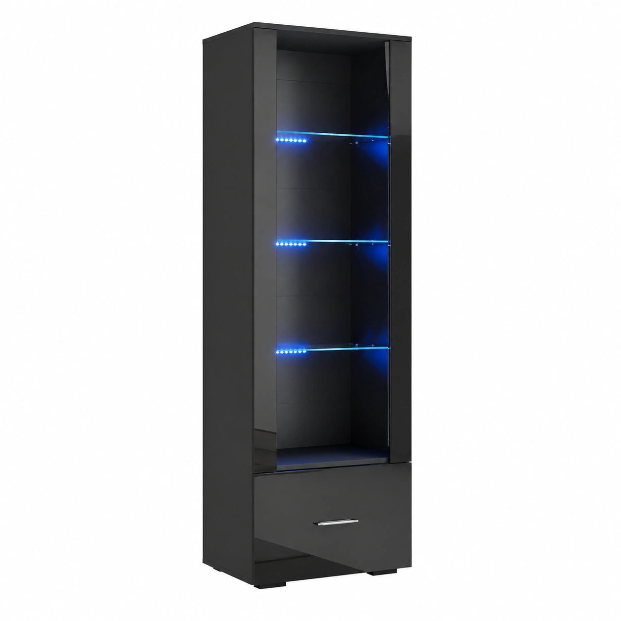 Moderne Glasvitrine mit LED-Beleuchtung, Hochglanz Schwarz/Weiß, 4 Regalböden und Schublade, Standvitrine für Wohnzimmer, 550x350x1720mm