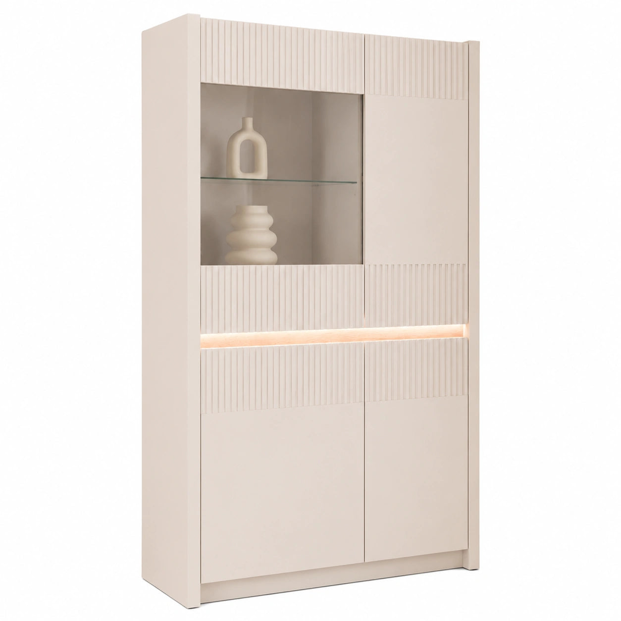 Elegante Vitrine aus Mauvella Eiche mit LED-Beleuchtung, 4 Türen, 95,3 x 146,7 x 41,5 cm