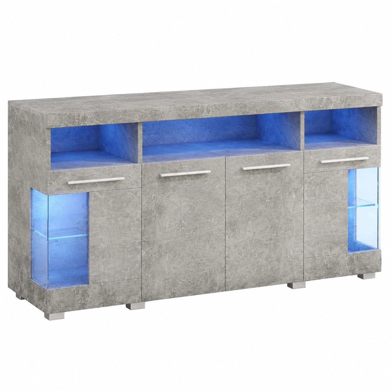Modernes Sideboard mit LED und Glastür, Grauer Wohnzimmerschrank 140x40x70 cm