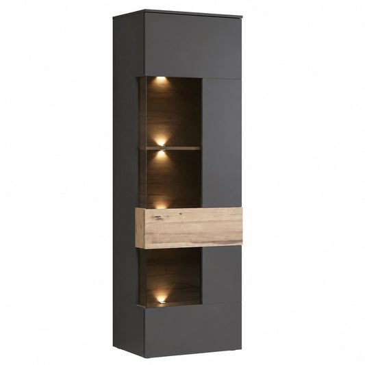 FORTE Como Vitrine mit Glastür, Wolframgrau und Eichenholzdesign, 60,4x203,3x41,3 cm
