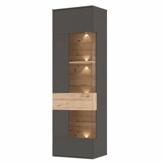 Eleganter Vitrinenschrank mit Glastür in Wolframgrau und Eichenoptik