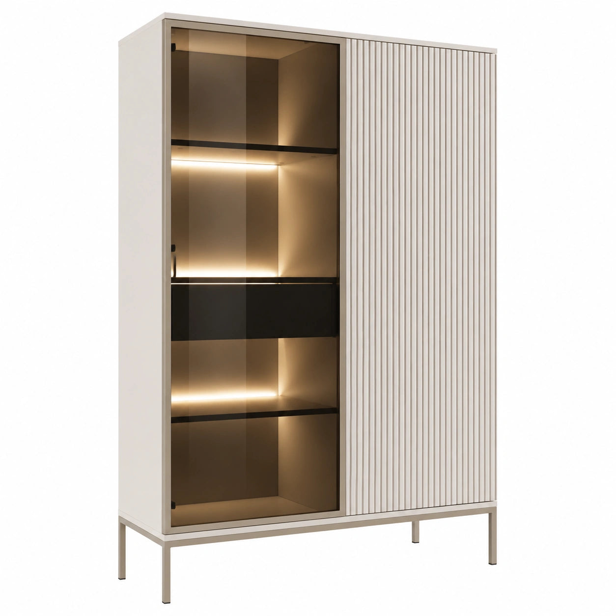 Moderne Glasvitrine 100 cm, Beige mit LED-Beleuchtung und Lamellen - 166 cm hoch
