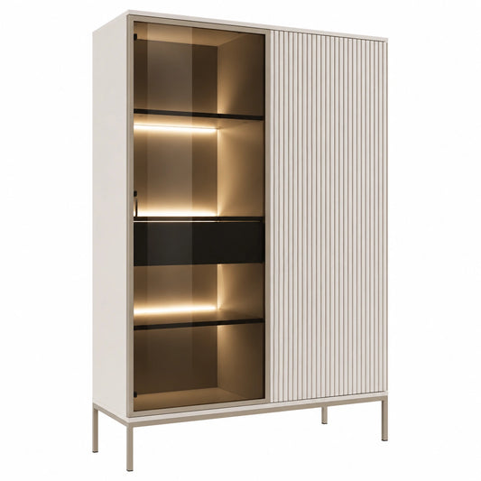 Moderne Glasvitrine 100 cm, Beige mit LED-Beleuchtung und Lamellen - 166 cm hoch