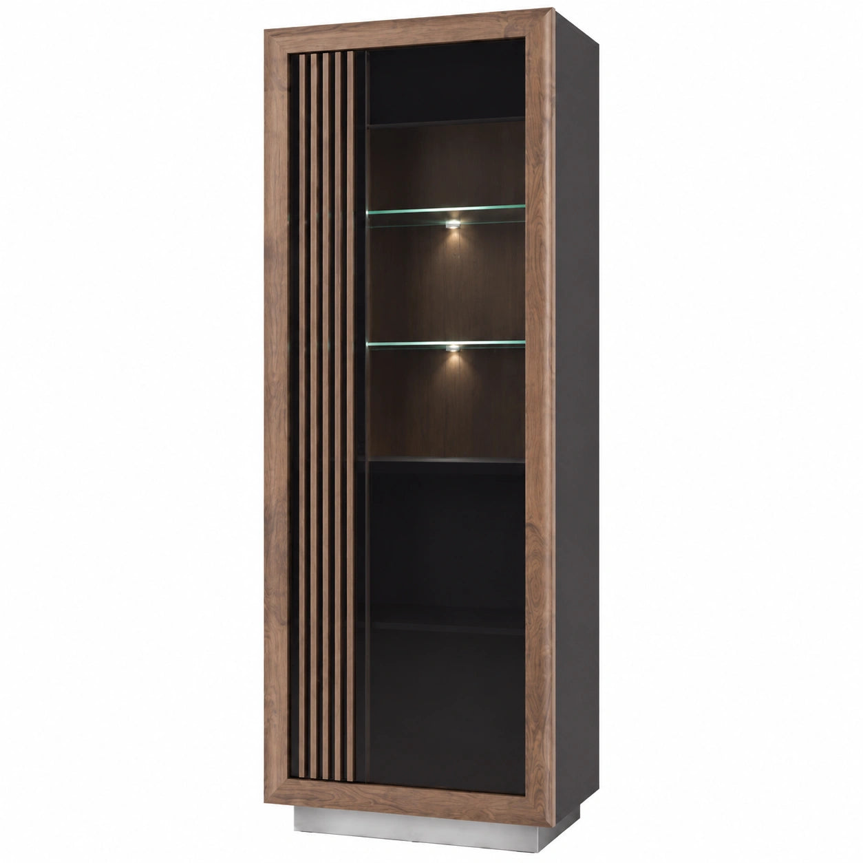 Moderne Vitrine mit Glastür in Schwarz und Eiche, 73x197x42 cm