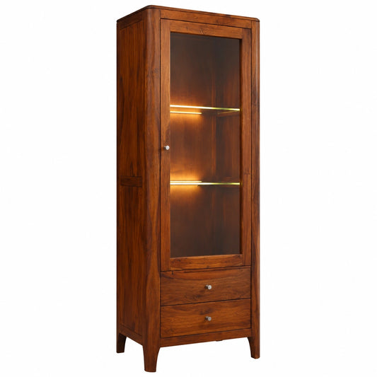 Hochschrank aus Sheeshamholz mit Glasfront und Schubladen, 178x60x40 cm