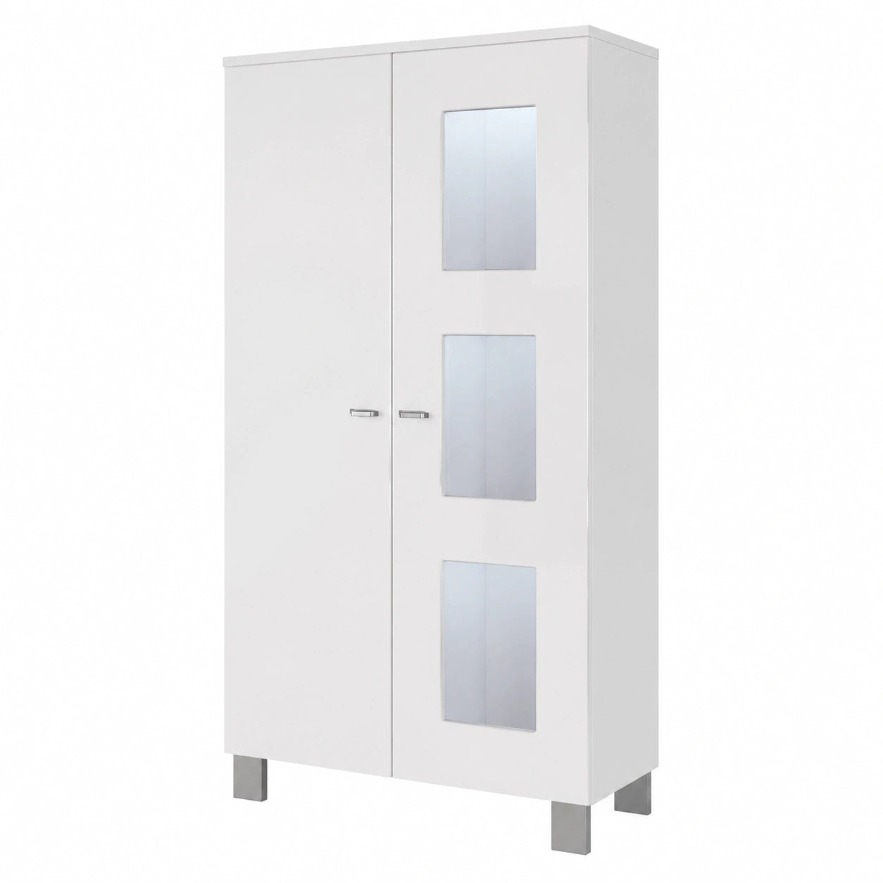 Vladon Denjo Vitrine, deutsche Herstellung, 2 Türen & 3 Glaseinsätze, Weiß matt/Hochglanz, inkl. LED-Licht (71 x 129 x 35 cm)