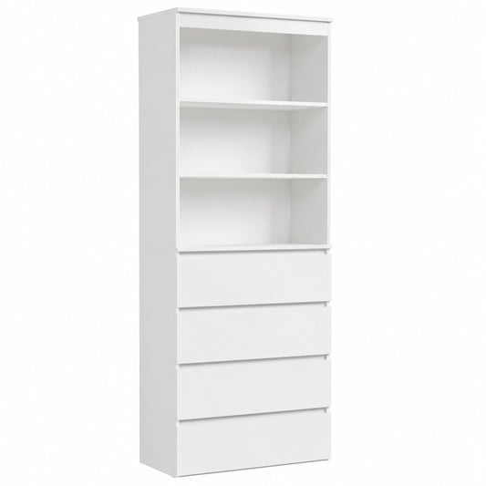 FirFurd Weißer Hochregal-Schrank 202 cm mit 3 Schubladen und 4 Fächern, verstellbare Regale, ideal für Wohn- und Arbeitszimmer