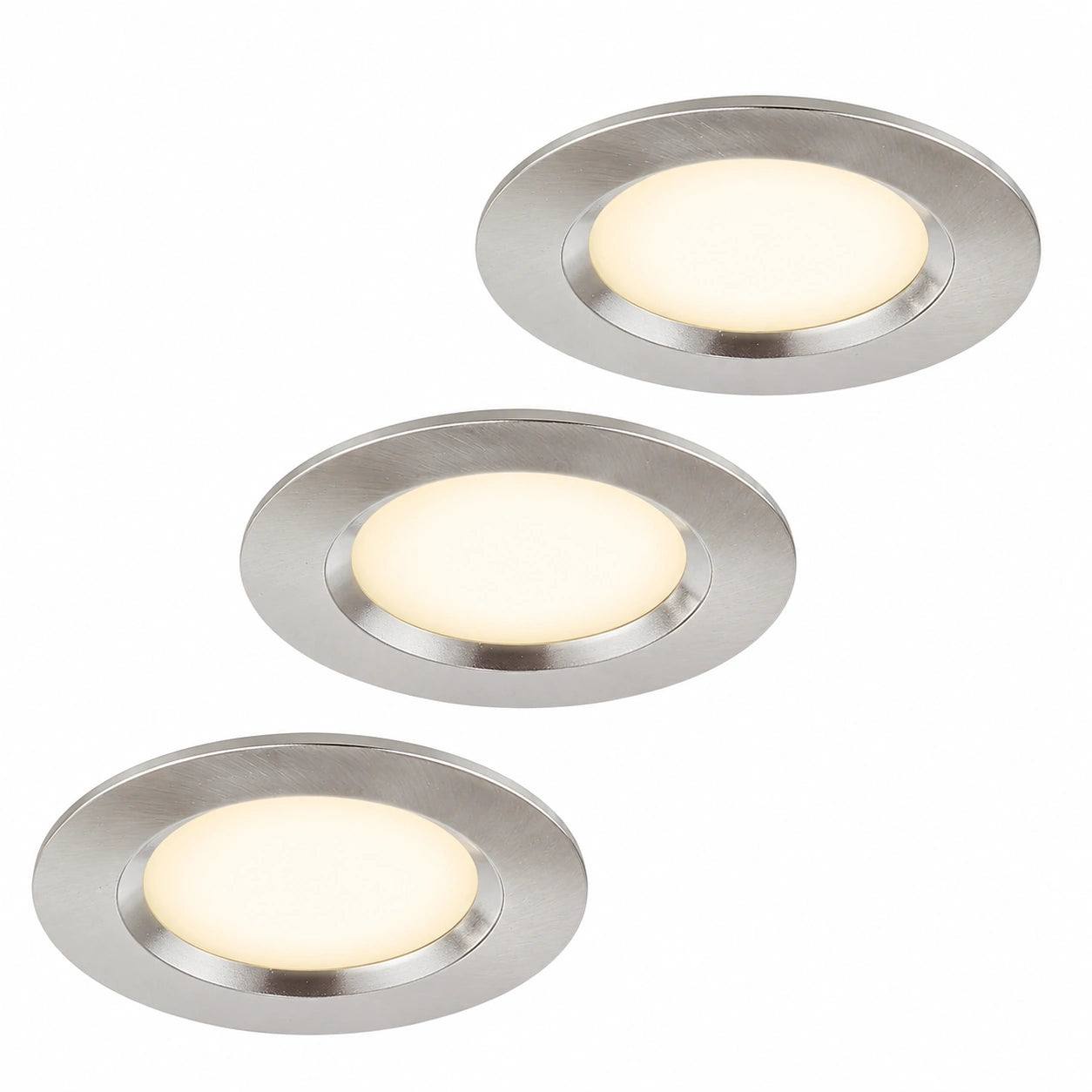 3er Set LED-Einbaustrahler 12V, ultra-flach, IP44, 3000K, Edelstahl gebürstet, Lochmaß 55mm, Geeignet für Badezimmer und Möbel