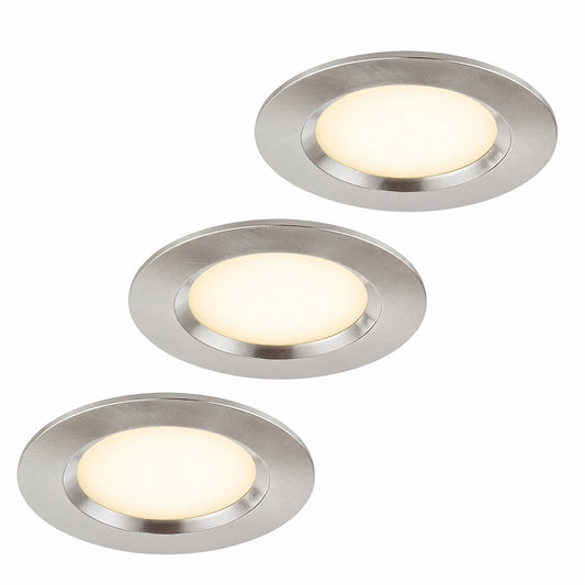 3er Set LED-Einbaustrahler 12V, ultra-flach, IP44, 3000K, Edelstahl gebürstet, Lochmaß 55mm, Geeignet für Badezimmer und Möbel