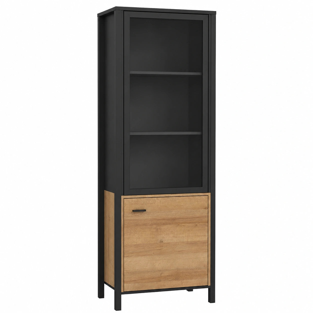 Forte HIGH ROCK Vitrinenschrank mit 2 Türen, Schwarz und Eiche Riviera, 64,8 x 193,9 x 40,2 cm