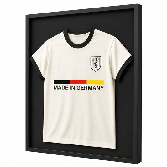 Premium Trikotrahmen aus Echtholz 60x80 cm - Breiter schwarzer Rahmen - Perfekte Präsentation für Ihre Trikots - Hergestellt in Deutschland