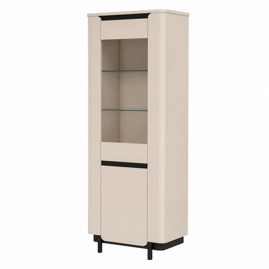 Moderne VODOL Vitrine mit Glasfront und abgerundeten Ecken, Kaschmir Beige, 75,6x196,3x44,8 cm