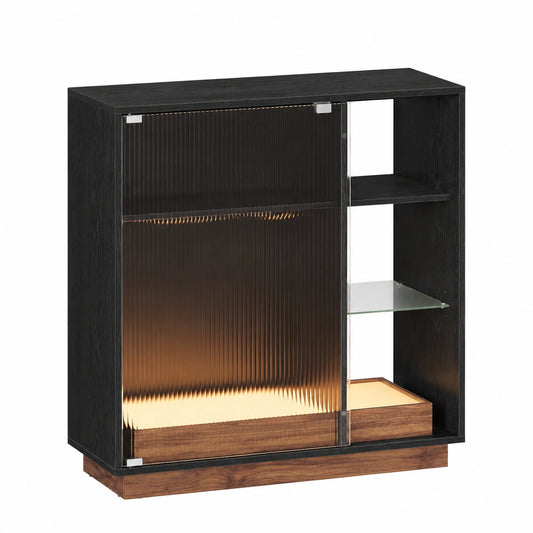 VASAGLE Weinregal mit LED-Beleuchtung, Barschrank mit Glashalter, geriffelte Glastür, Schwarz
