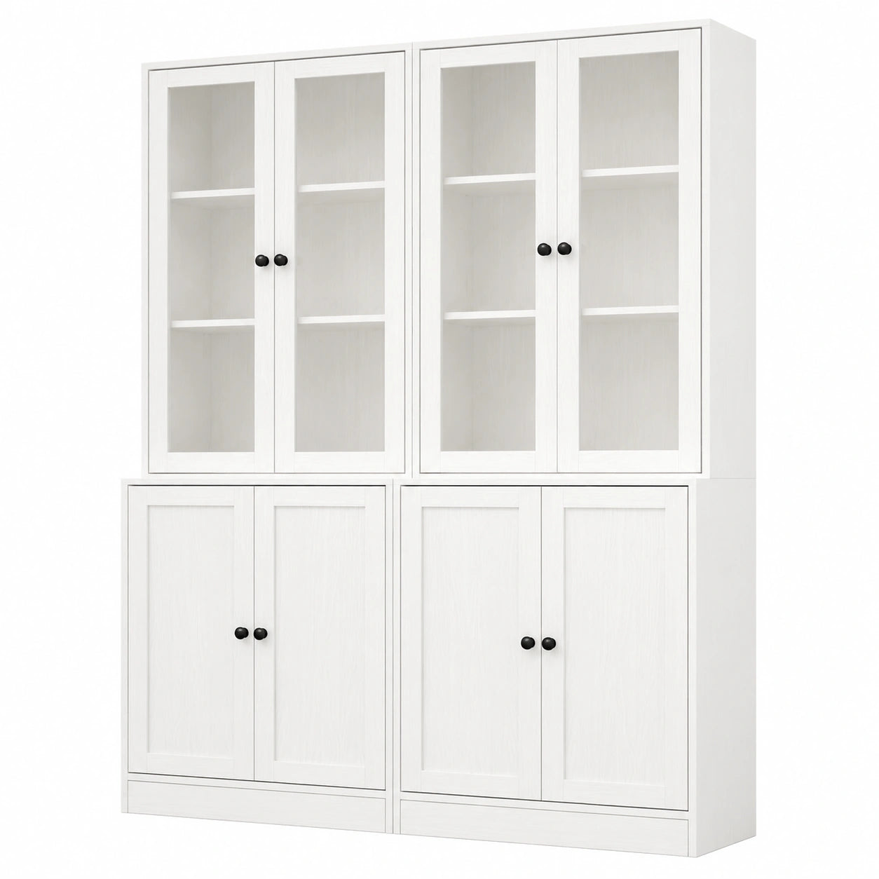 VOWNER Eleganter 5-Ebenen-Bücherschrank mit Glastüren, 180 cm hoher Vitrinenschrank für Küche und Wohnzimmer, Buffetschrank, Set aus 2, Weiß