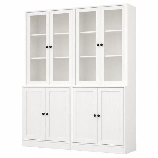 VOWNER Eleganter 5-Ebenen-Bücherschrank mit Glastüren, 180 cm hoher Vitrinenschrank für Küche und Wohnzimmer, Buffetschrank, Set aus 2, Weiß