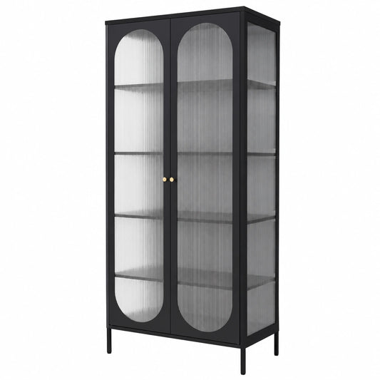 Industrieller Vitrinenschrank aus Stahl mit 2 Türen, 5 Fächern, Schwarz, 80x175x40 cm für Wohnzimmer