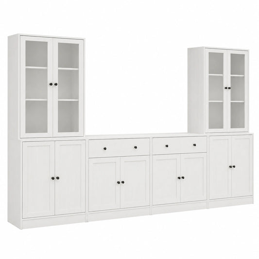VOWNER Moderner TV-Schrank 280 cm mit Regalen und Glastüren, passend für Fernseher bis 70 Zoll, in Weiß