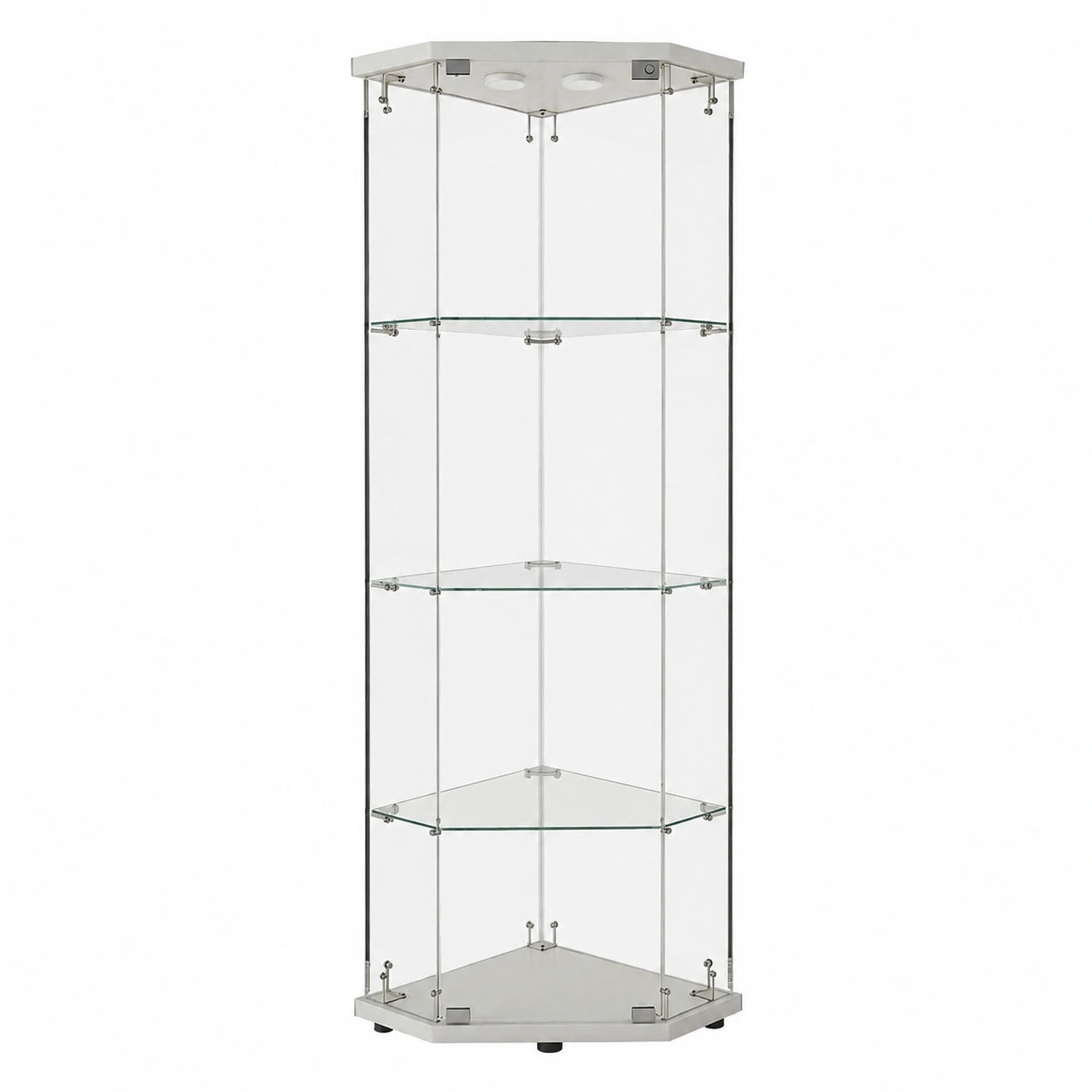 Moderne Eck-Glasvitrine mit LED, 161 cm, weiße Holzpaneele, 4 ESG-Böden