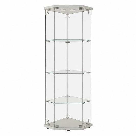Moderne Eck-Glasvitrine mit LED, 161 cm, weiße Holzpaneele, 4 ESG-Böden