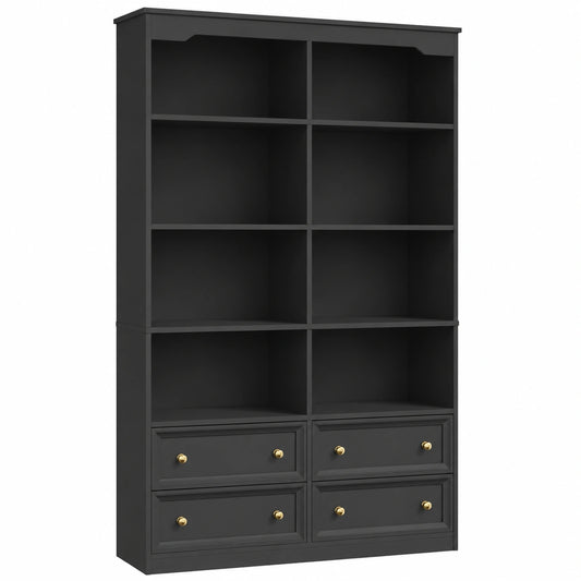 Skandinavisches Bücherregal mit Schubladen, 180 cm, Schwarz, Vitrinen- und Mehrzweckschrank für Wohnzimmer und Büro
