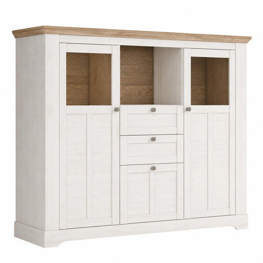 Forte ILOPPA Landhaus Vitrine mit 3 Türen und 2 Schubladen, Eichenoptik 165 x 136,1 x 44,3 cm