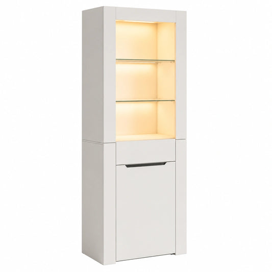 Moderne Merax Vitrine mit LED-Beleuchtung, 1 Tür und Schublade, geräumiger Glas-Aufbewahrungsschrank für Wohnzimmer, Büro oder Esszimmer, weiß