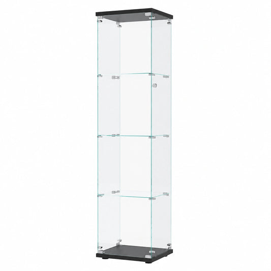 Moderne Glasvitrine mit 2 Böden und Tür, gehärtetes Glas, für Büro & Sammlerstücke, Schwarz, 166x42x12 cm