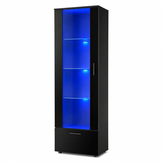 Moderne Vitrine mit LED-Beleuchtung, Schwarz, 60x192x42 cm, 3 Glasböden, Laminatregal, Für Wohn- und Schlafzimmer