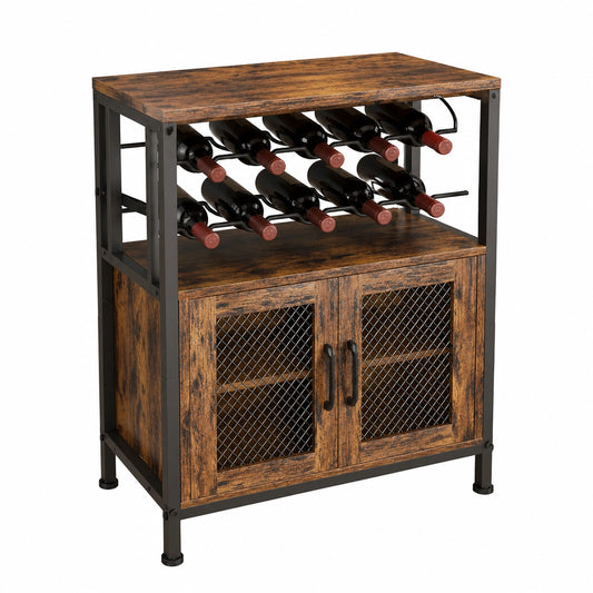 Industrie-Design Weinschrank aus Metall und Holz mit LED-Licht für 10 Flaschen und 6 Gläser