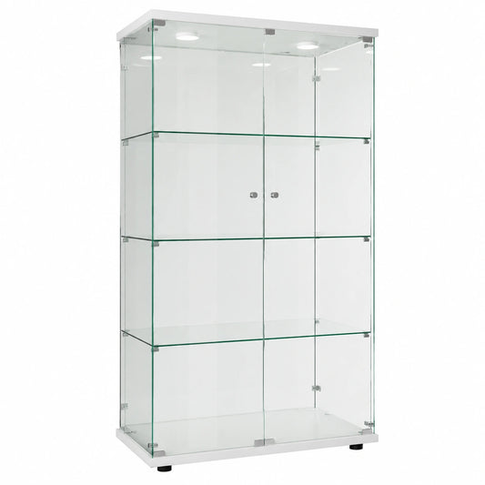 Standvitrine aus Glas mit LED-Beleuchtung, abschließbare Türen, 4 Regalböden, Spiegelrückwand, 164x80,5x36,5 cm, Weiß
