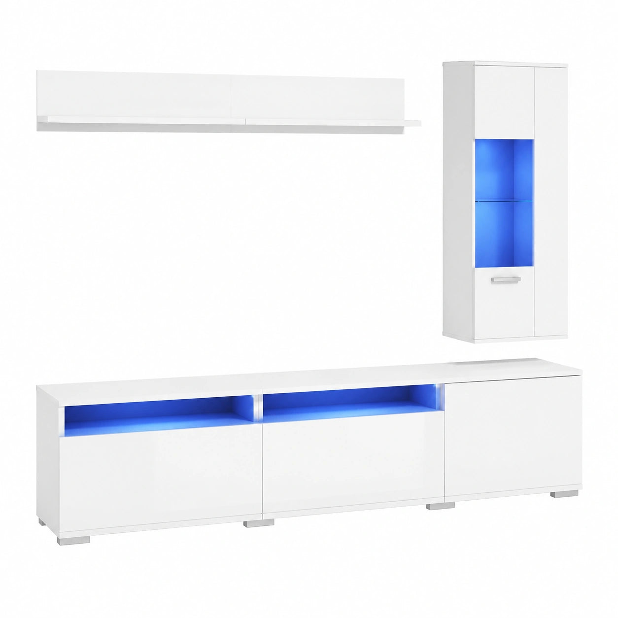 Modernes TV-Wohnwand-Set mit LED, Hochglanz Weiß, 3-teilig: TV-Schrank, Vitrine & Hängeregal, passend für Fernseher bis 80 Zoll