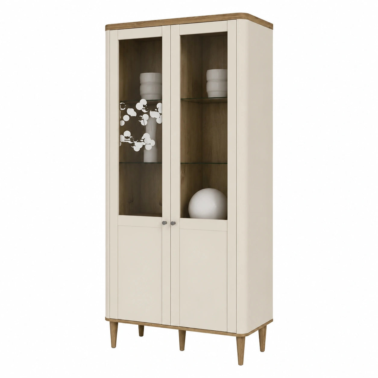 Moderne Vitrine Lacetti 90 cm mit Skandi Design und Echtholzdekor, 2-türig, Kaschmir & Eiche