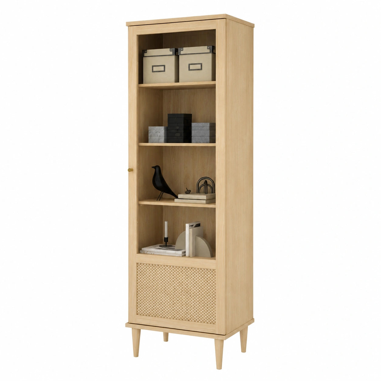 CALASETTA Vitrinenschrank mit Rattandekor, 1-türig, Elegante Eichenoptik, 60,4 x 198,5 x 41,4 cm